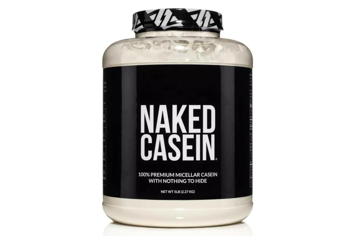 A container of unflavored Naked Nutrition Naked Casein protein powder